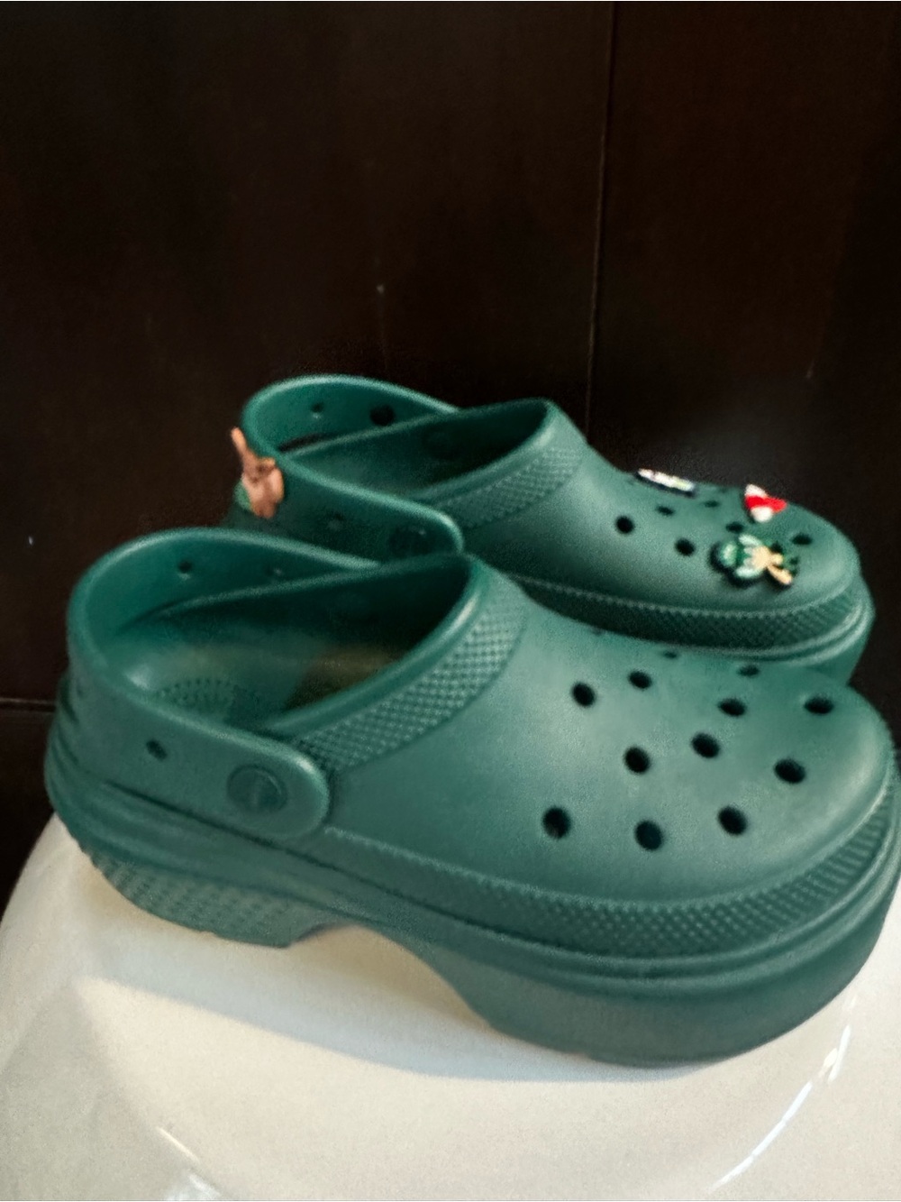 CROCS Platform Clogs in Dark Green with Jibbitz Charms